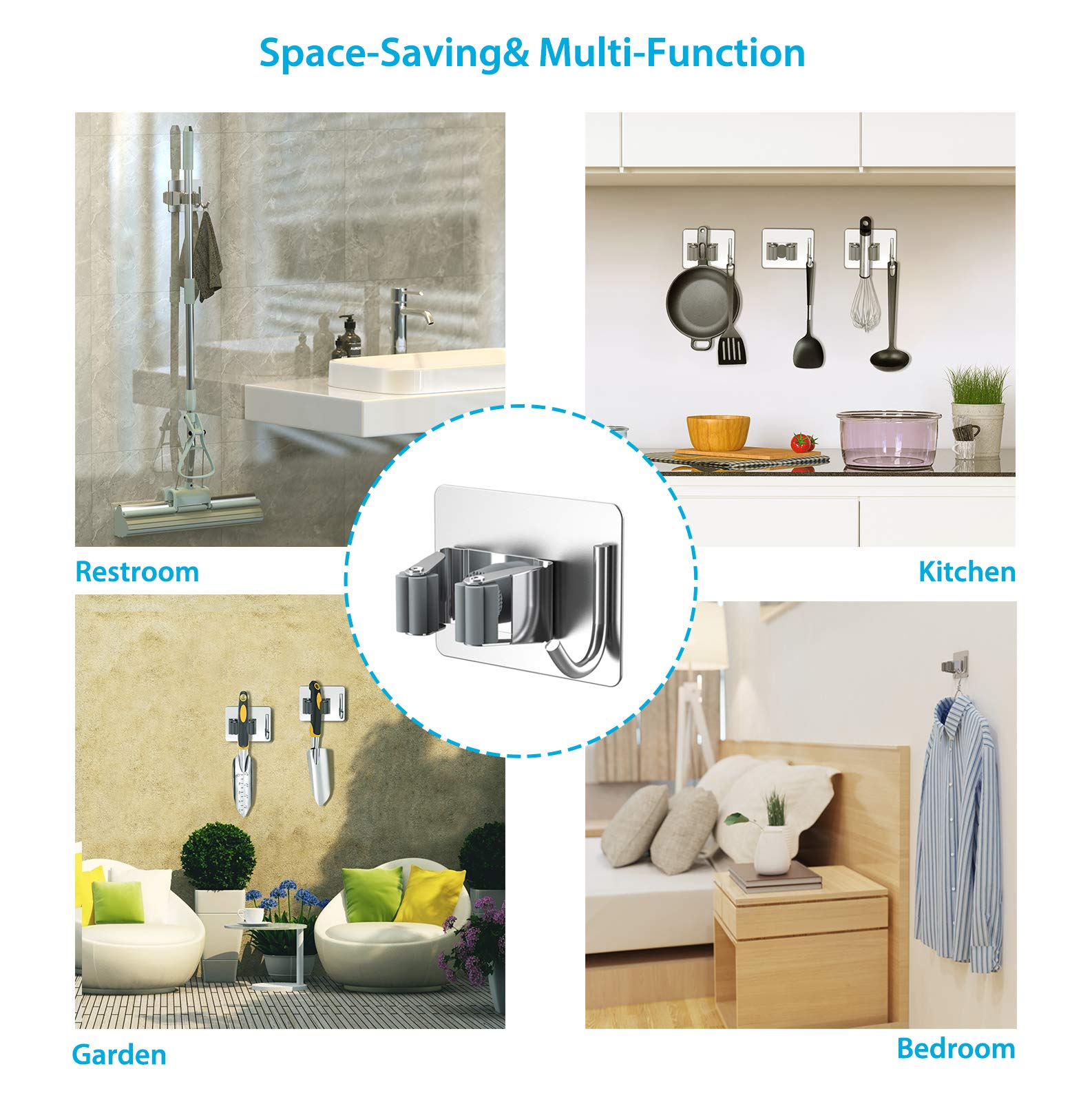 HASTHIP 2 Pcs Mop Broom Holder Wall Mount, Adhesive Heavy Duty SUS304 Stainless Steel Mop and Broom Holder with Hook, for Mops up to 2.8 cm in Diameter (8 * 6.5 * 4 cm) HASTHIP 2 Pcs Mop Broom Holder Wall Mount, Adhesive Heavy Duty SUS304 Stainless Steel Mop and Broom Holder with Hook, for Mops up to 2.8 cm in Diameter (8 * 6.5 * 4 cm)